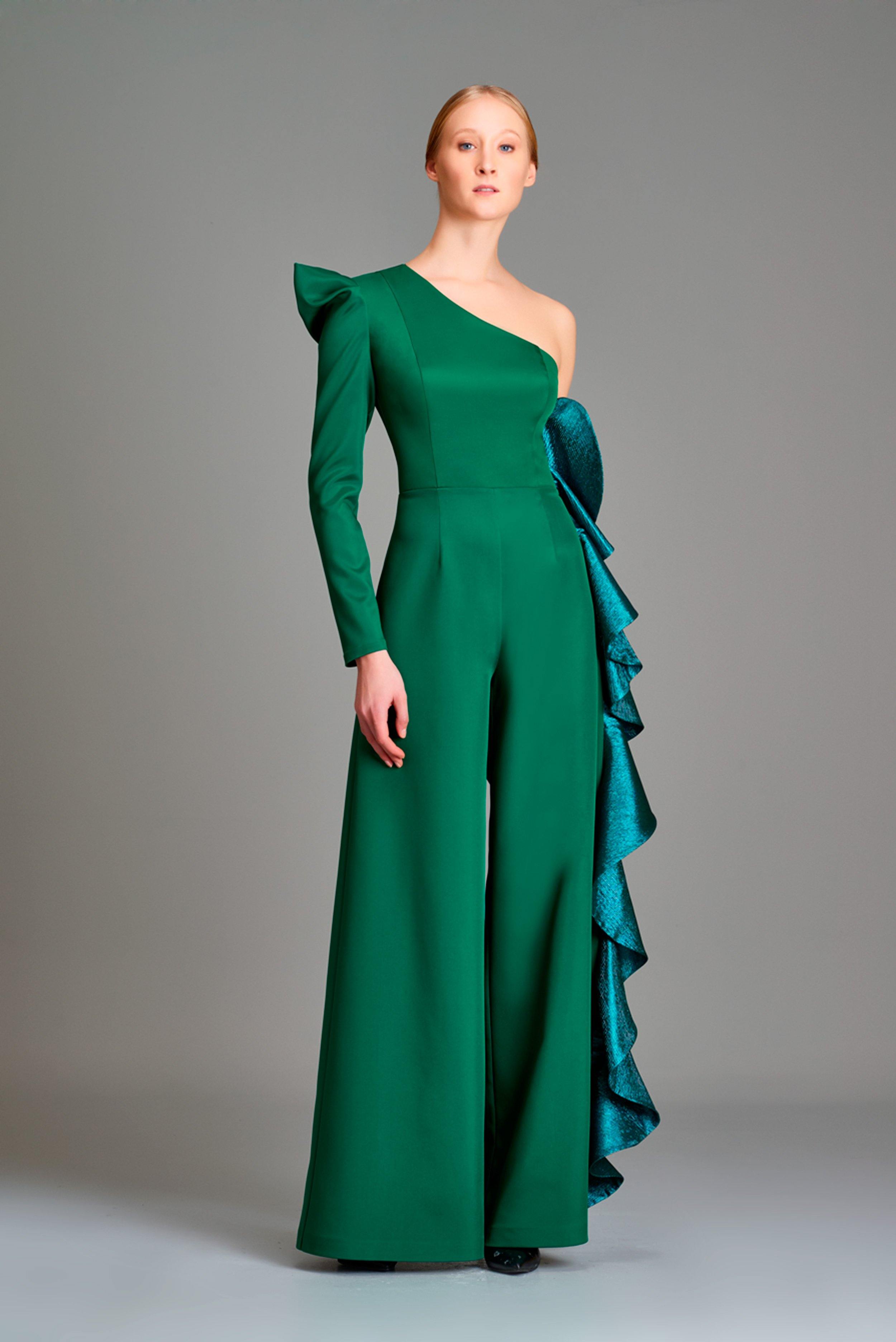 Stretch metallic ruffle detailed faille jumpsuit - John Paul Ataker