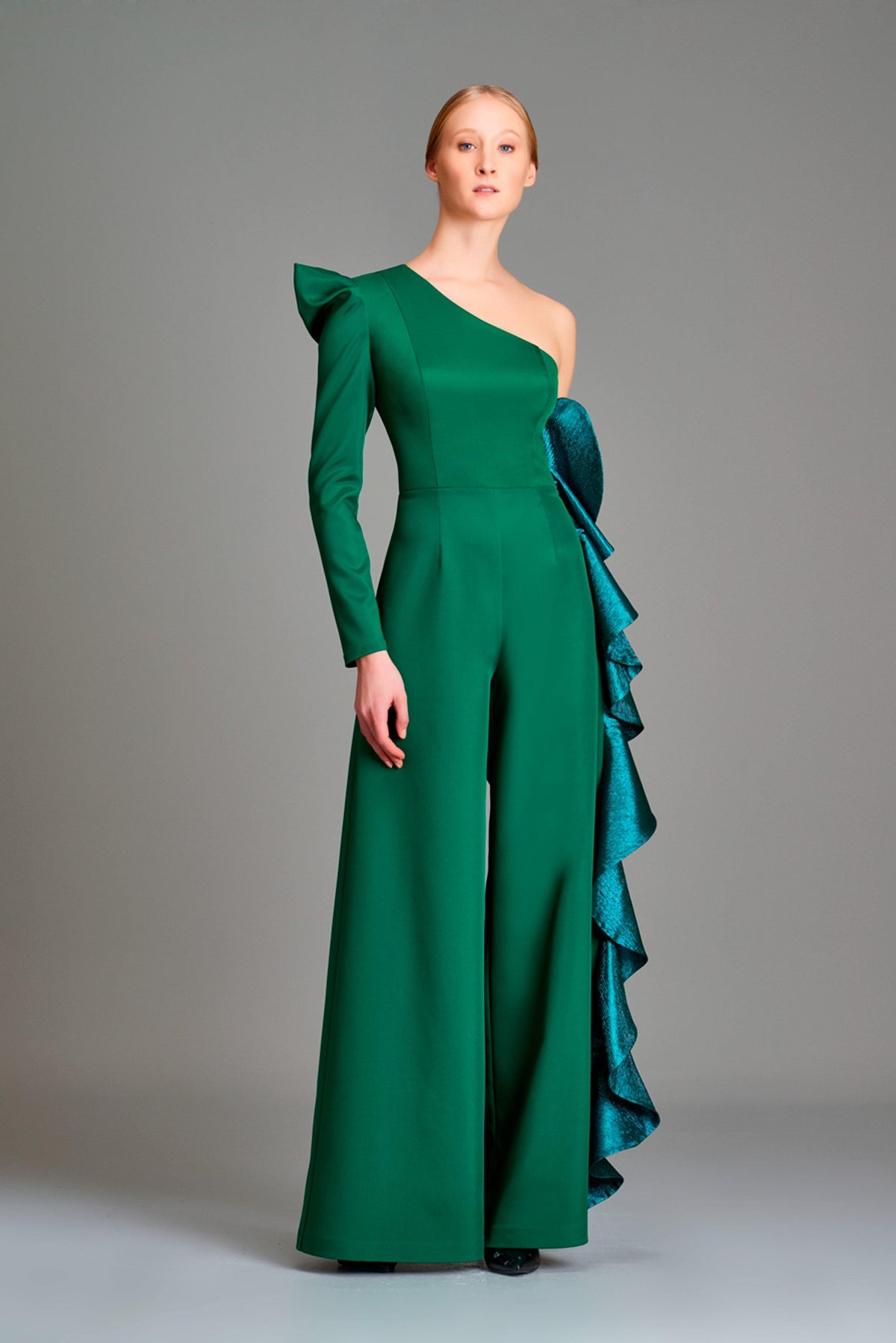 Stretch metallic ruffle detailed faille jumpsuit - John Paul Ataker