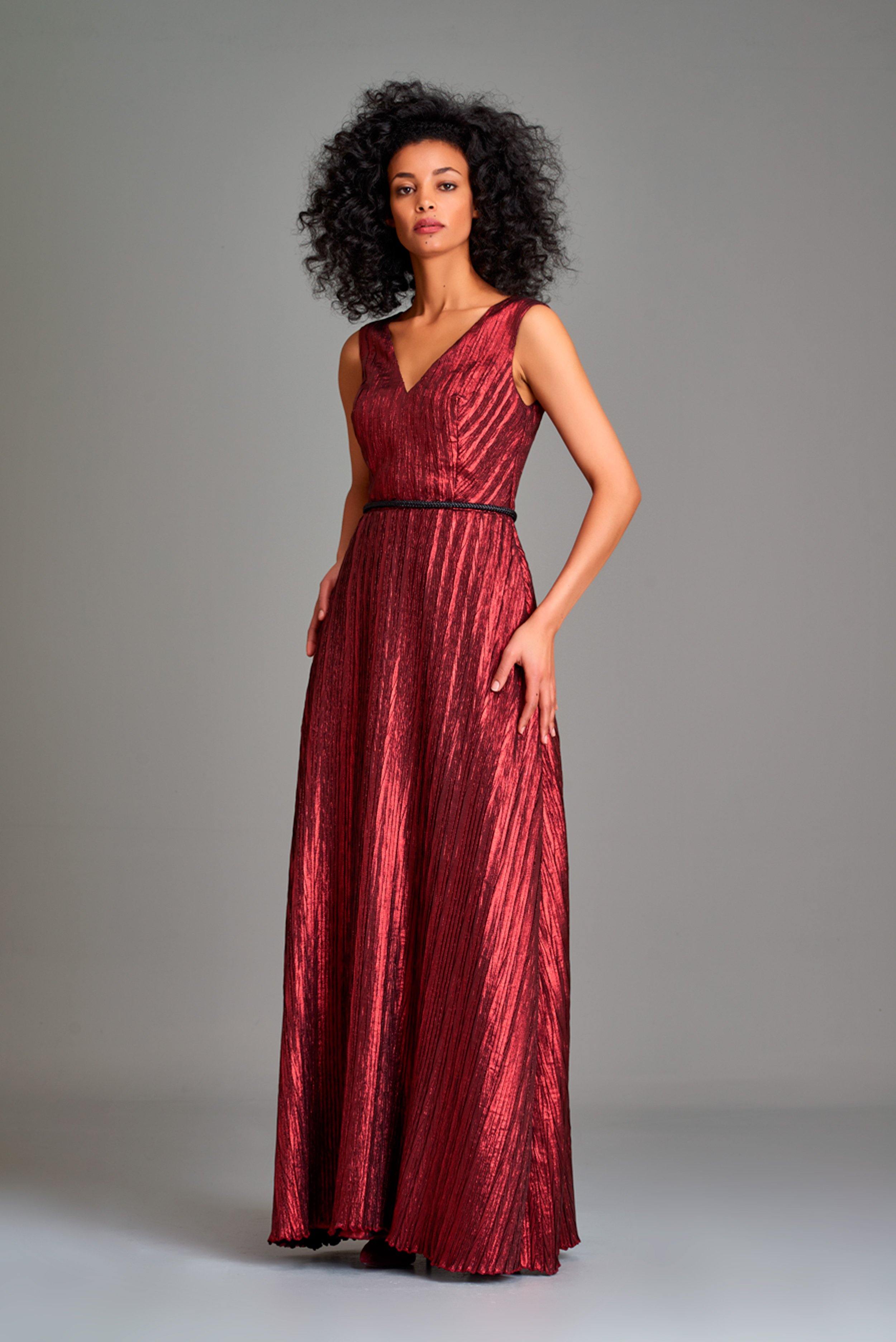 Pleated metallic satin long dress with cord belt. - John Paul Ataker