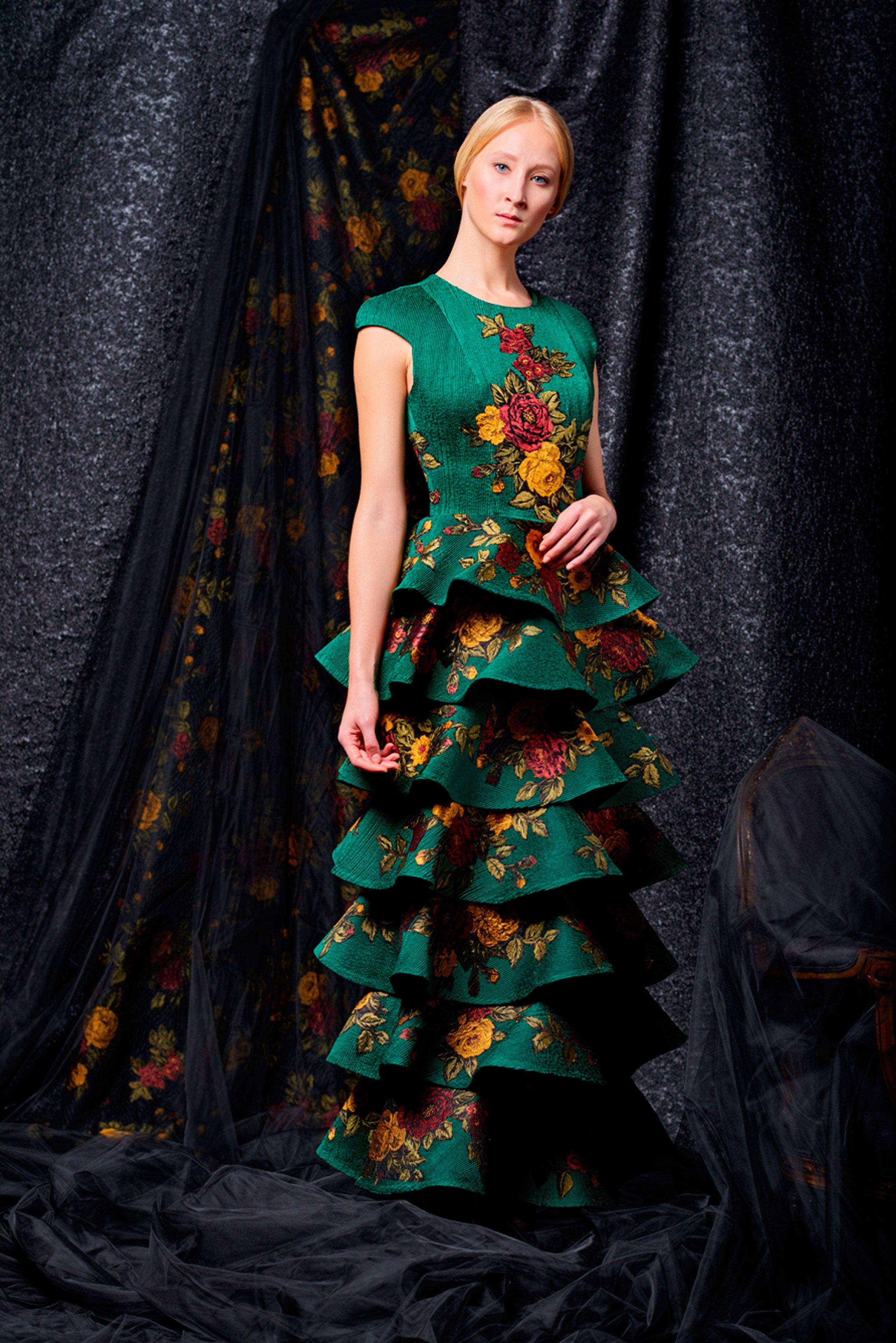 Small pleated taffeta fabric with flower appliques gown - John Paul Ataker