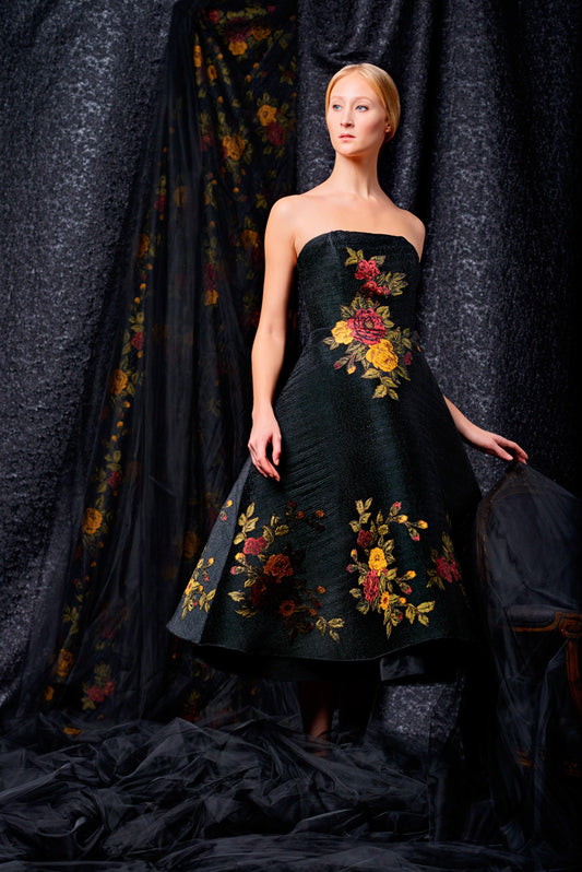 Strapless small pleated taffeta fabric with flower appliques dress - John Paul Ataker