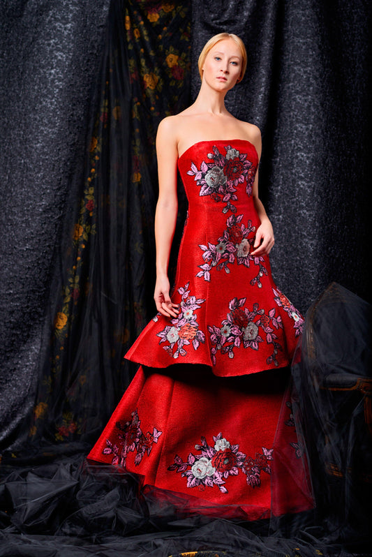 Small pleated taffeta fabric with flower appliques gown - John Paul Ataker