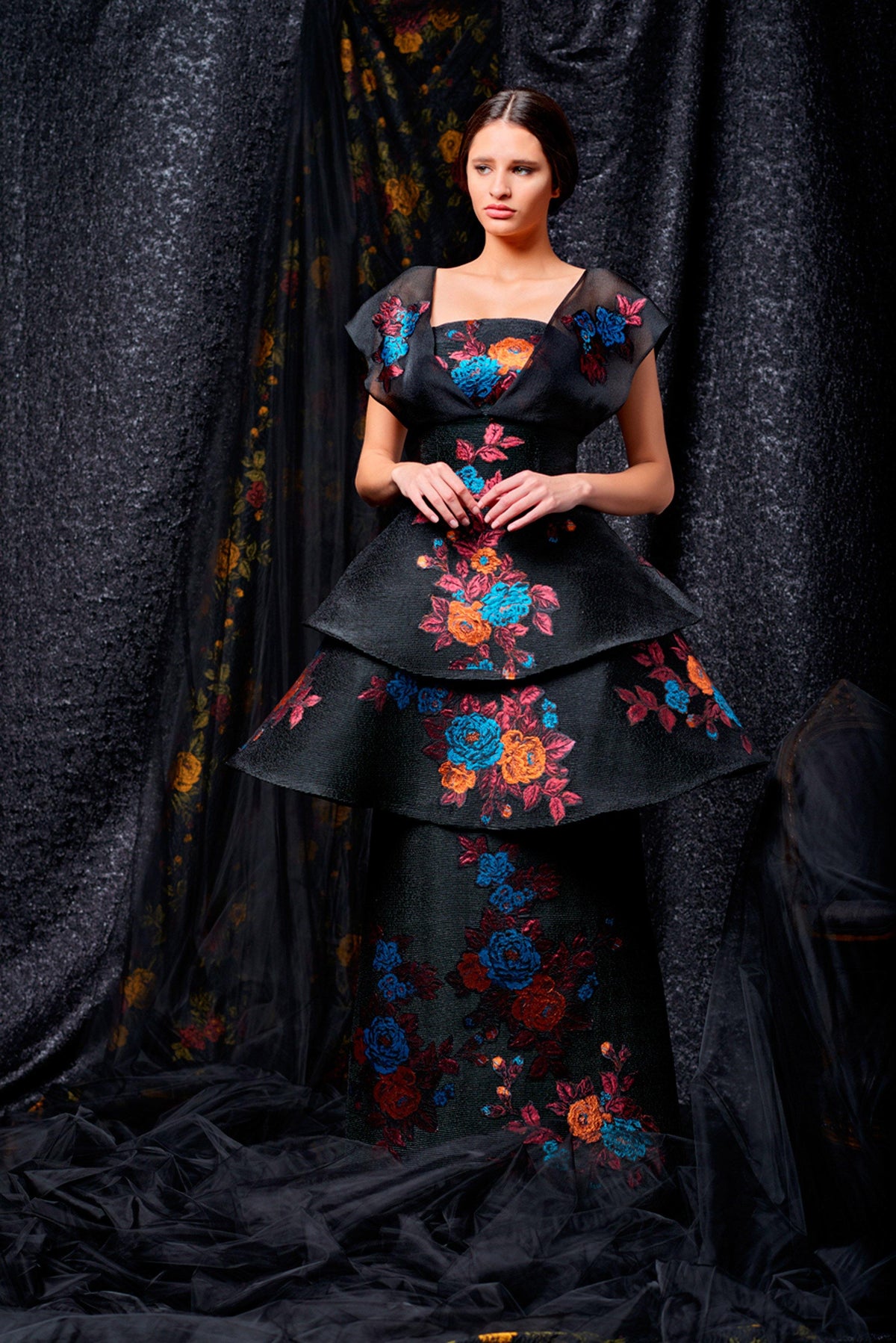 Small pleated taffeta fabric with flower appliques and organza gown - John Paul Ataker