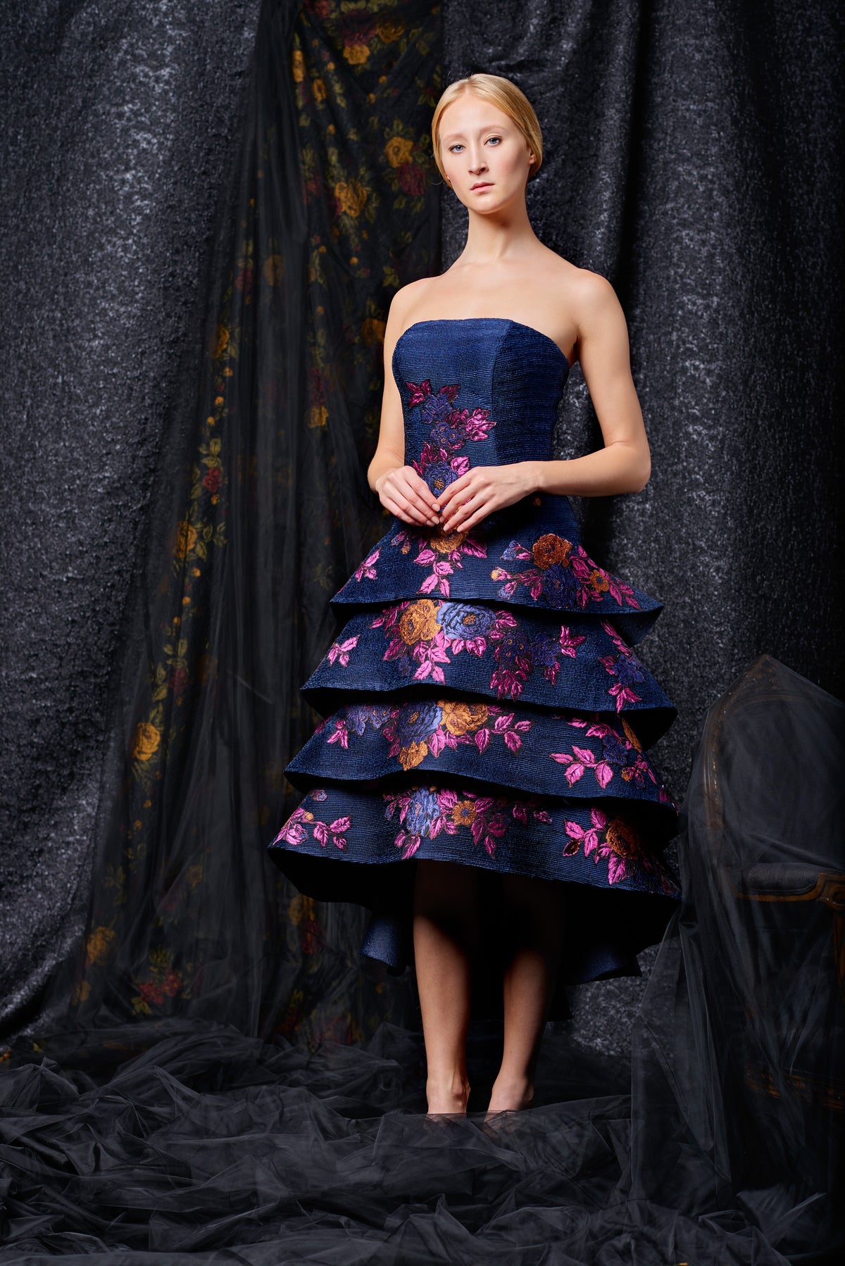 Small Pleated Taffeta with Flower Appliques Layered Dress