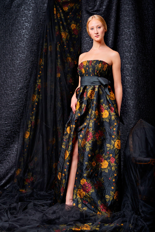 Flowered jacquard gown with taffeta belt - John Paul Ataker