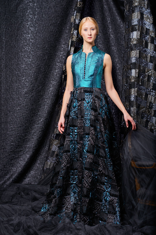 Tribal Fil-Coupe and Stretch Metallic Fabric Long Dress