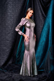 Button detailed stretch metallic draped long dress - John Paul Ataker