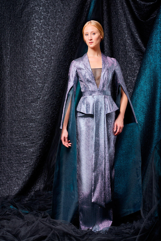 Stretch metallic fabric long dress with organza sleeves - John Paul Ataker