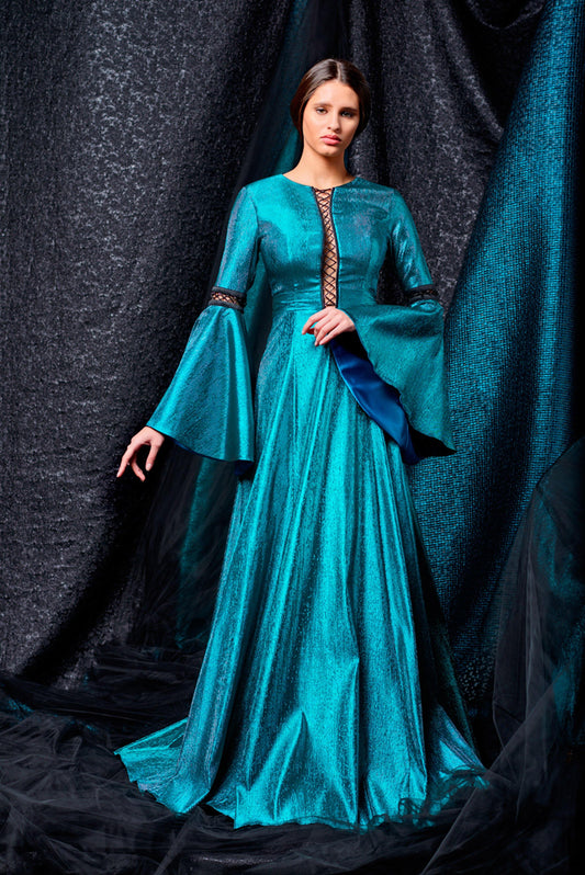 Tie-up stretch metallic draped long dress - John Paul Ataker