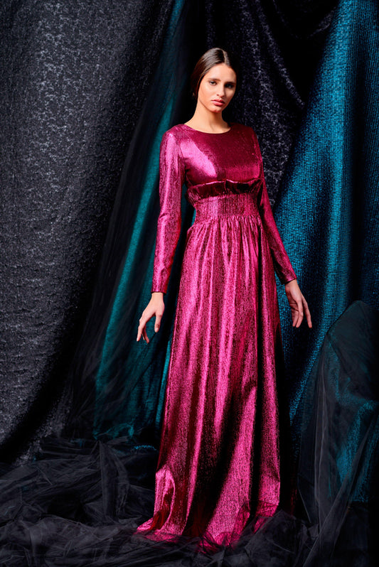 Ribbed stretch metallic draped long dress - John Paul Ataker