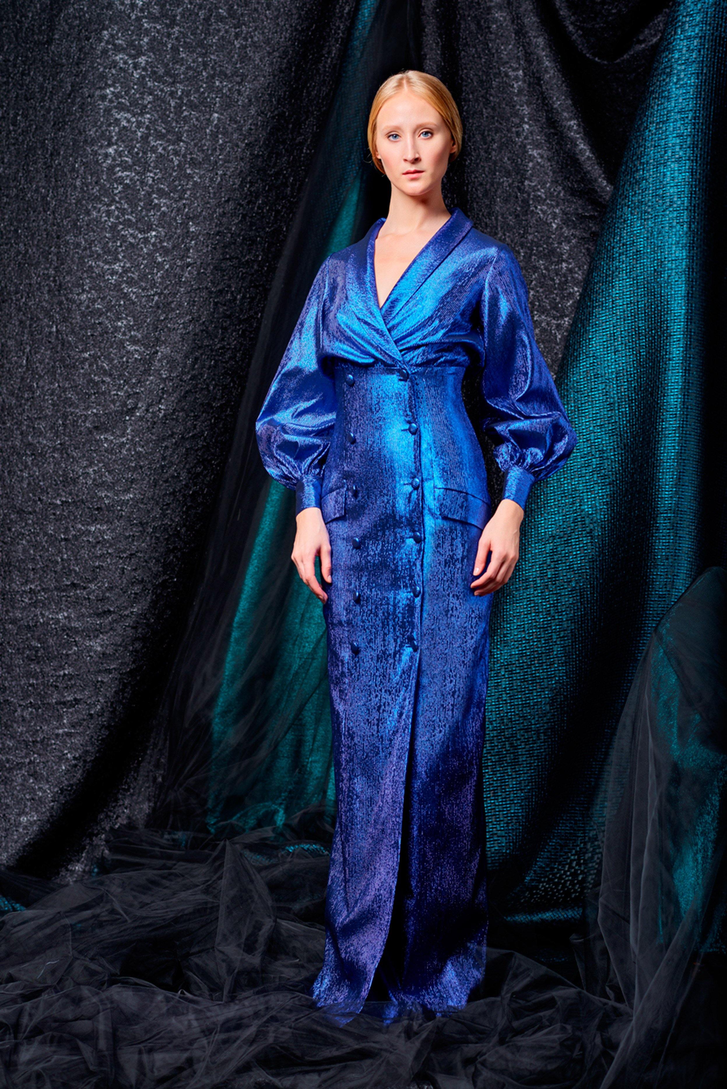 Button-up stretch metallic draped long dress - John Paul Ataker