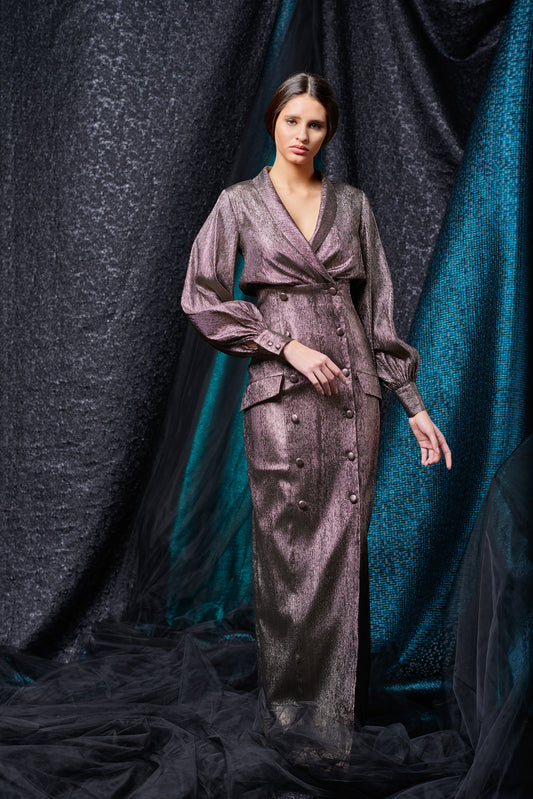Double-Breasted Stretch Metallic Dress
