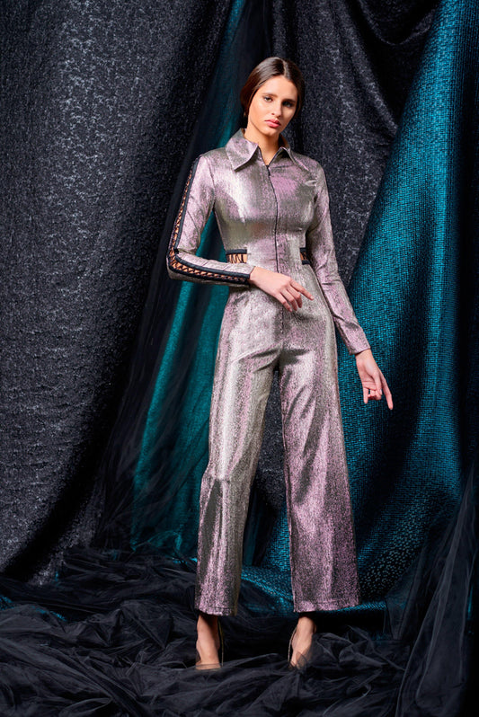 Tie-up stretch metallic draped jumpsuit - John Paul Ataker