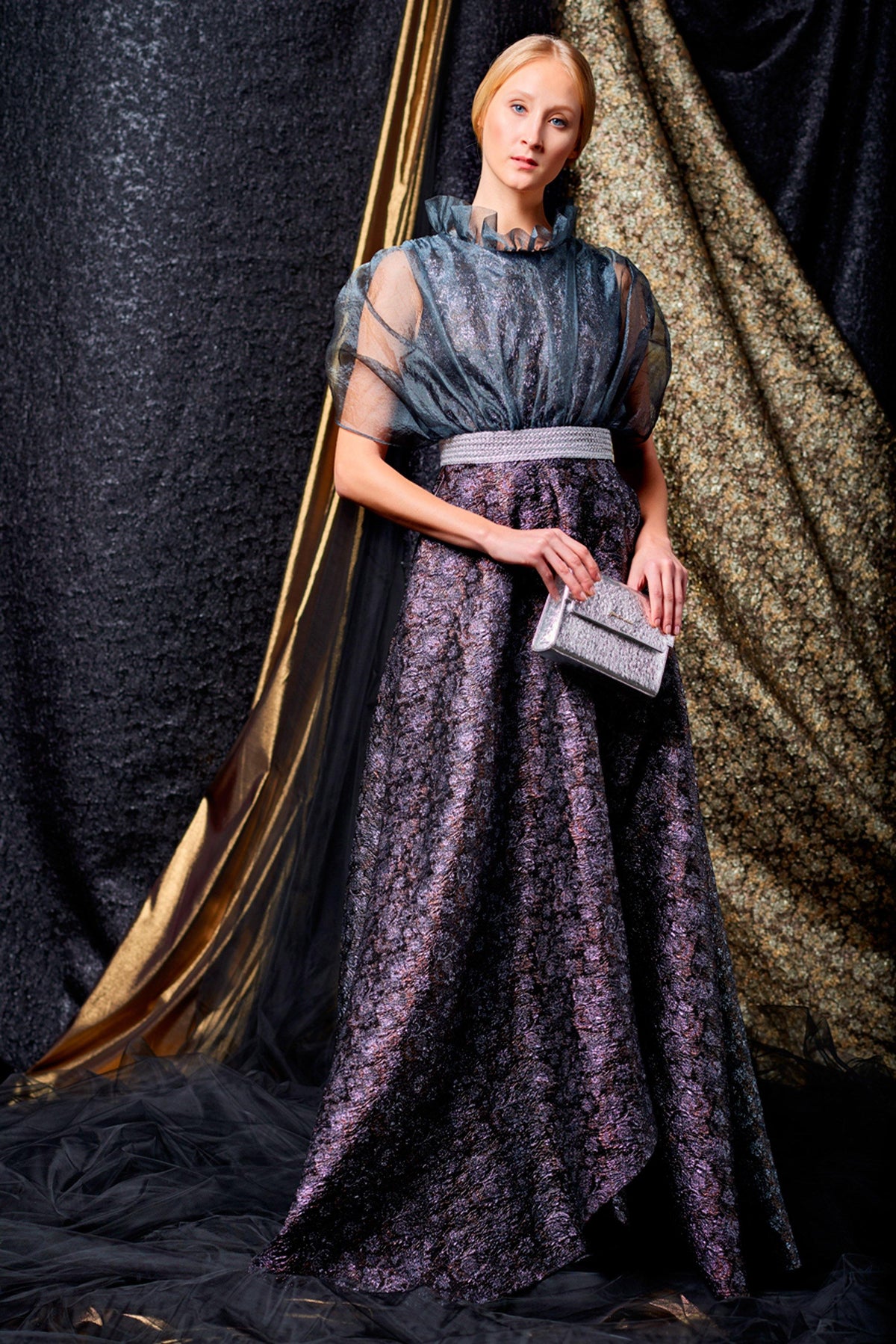 Gathered organza detailed flowered metallic jacquard long dress - John Paul Ataker