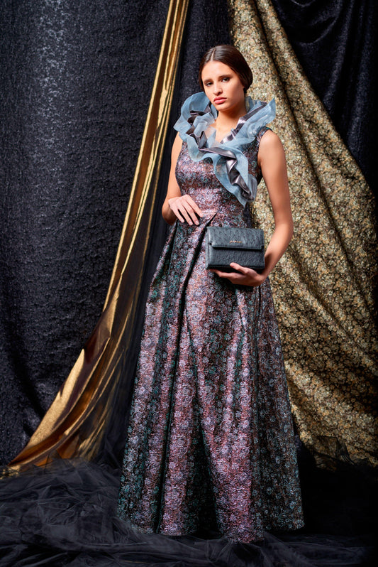 Gathered organza detailed flowered metallic jacquard long dress - John Paul Ataker
