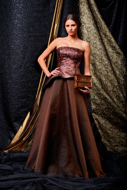 Organza skirt detailed flowered metallic jacquard gown - John Paul Ataker