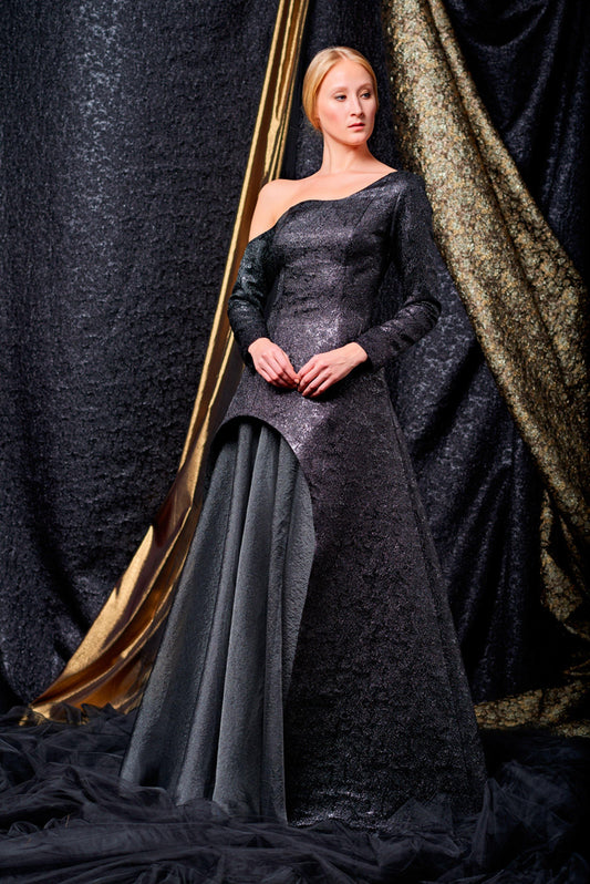Flowered metallic jacquard and organza asymetric long dress - John Paul Ataker