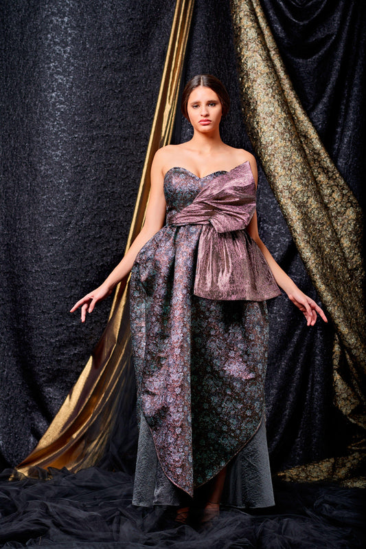 Bow detailed flowered metallic jacquard gown - John Paul Ataker