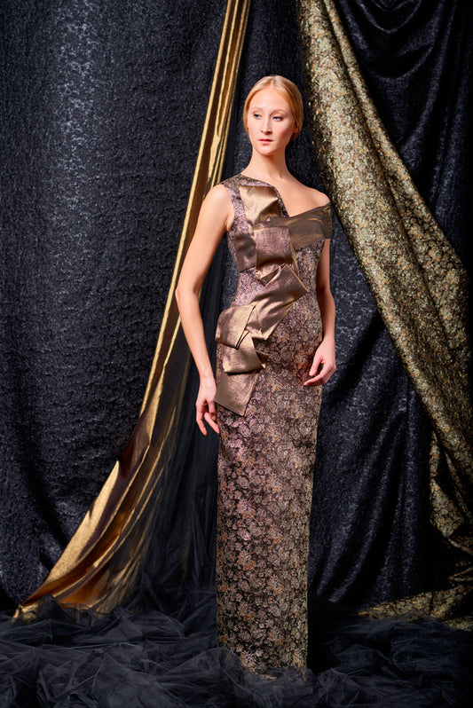 Metallic satin band detailed flowered metallic jacquard long dress - John Paul Ataker