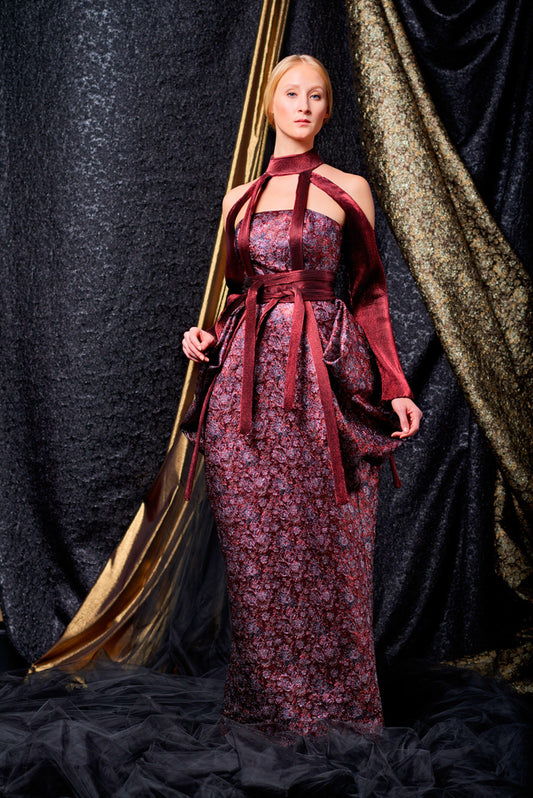 Metallic satin paneled flowered jacquard long dress - John Paul Ataker