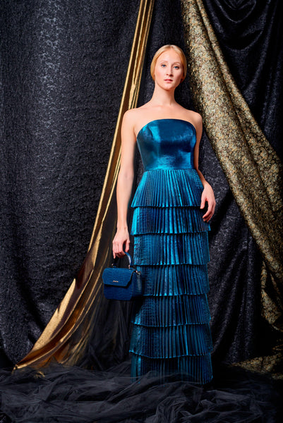 Metallic Satin Pleated Long Dress – John Paul Ataker