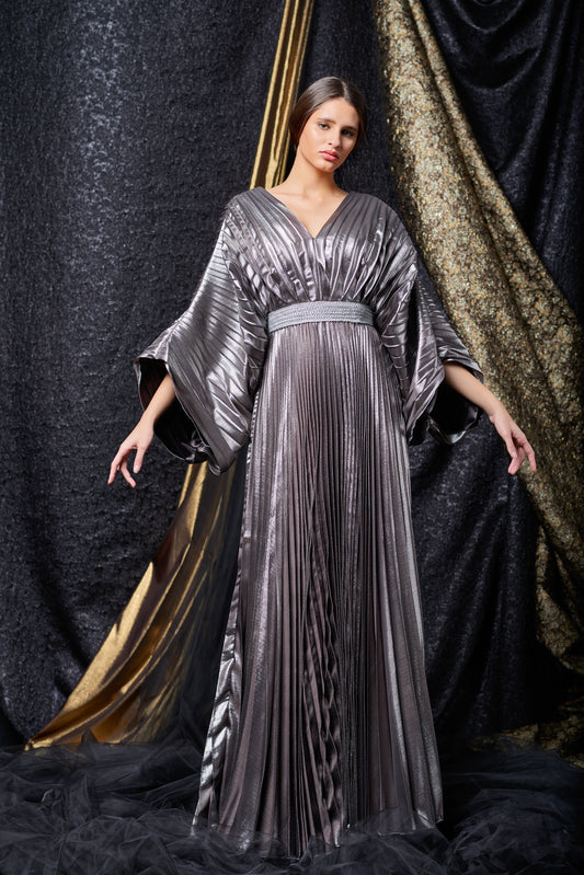 Pleated Metallic Satin Gown with Metallic Band Waistline
