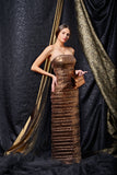 Pleated Metallic Satin Gown with Metallic Cord Belt and Trim