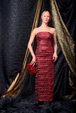 Pleated metallic satin gown with metallic cord belt and trim - John Paul Ataker
