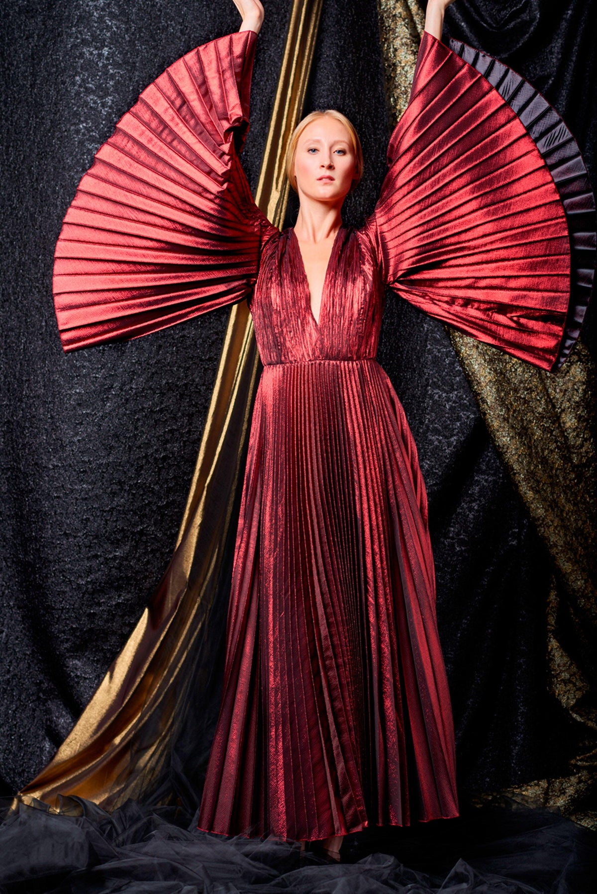 Pleated metallic satin gown with bodice pleat detail. - John Paul Ataker