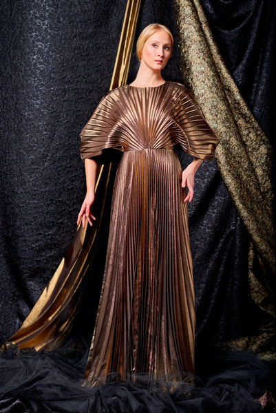 Pleated Metallic Satin Gown – John Paul Ataker