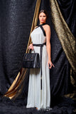 Viscose satin long dress with metallic band detail - John Paul Ataker