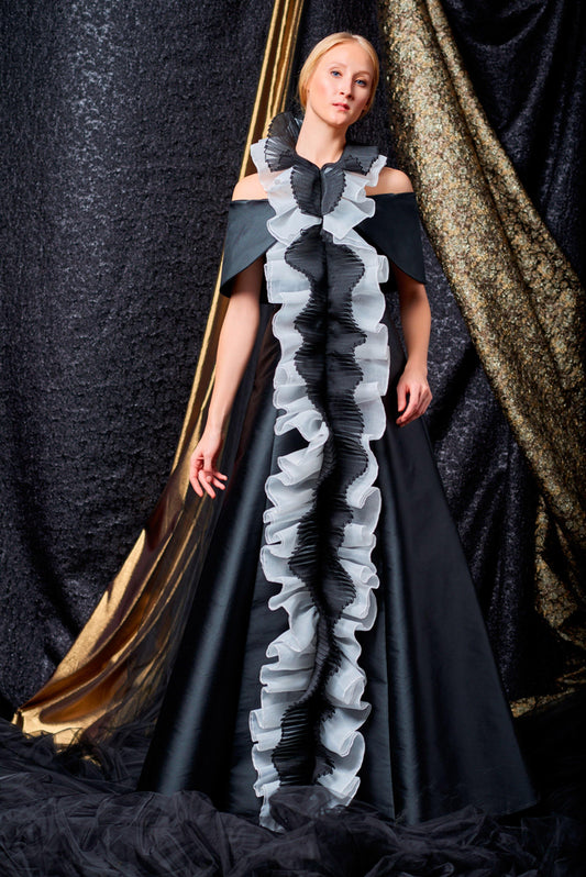 Pleated organza detailed taffeta long dress - John Paul Ataker