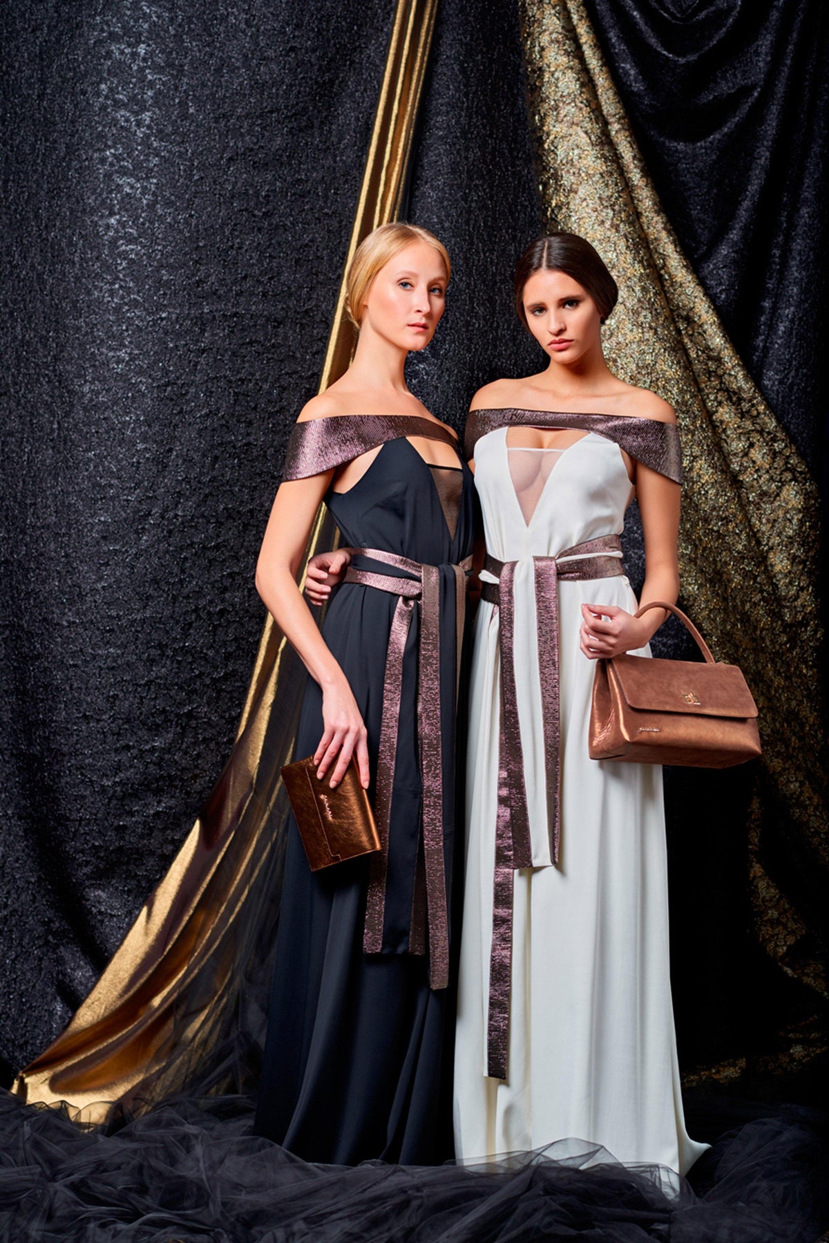 Double viscose and stretch metallic band detailed long dress - John Paul Ataker