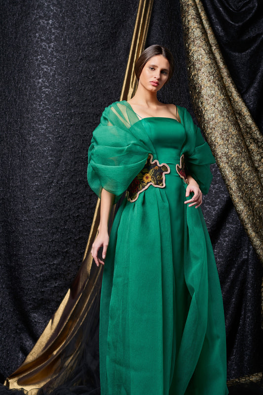Draped Organza and Faille Long Dress