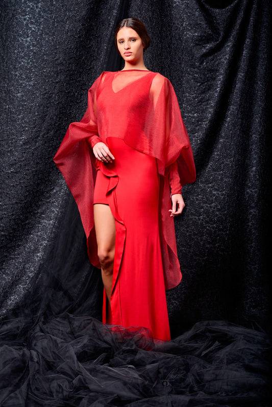 Organza cape and double viscose short dress - John Paul Ataker