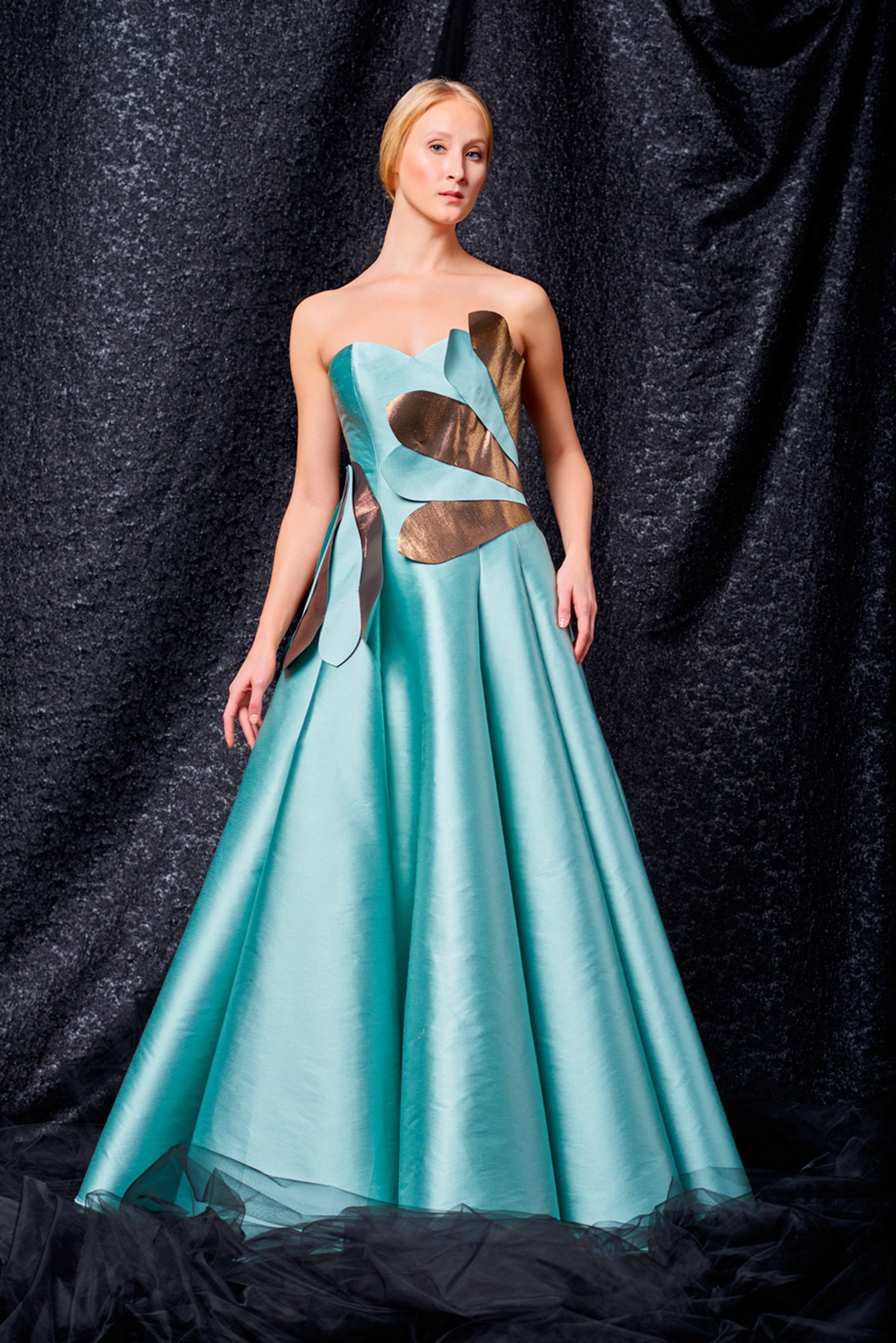Metallic satin and taffeta 3d flower detailed gown - John Paul Ataker