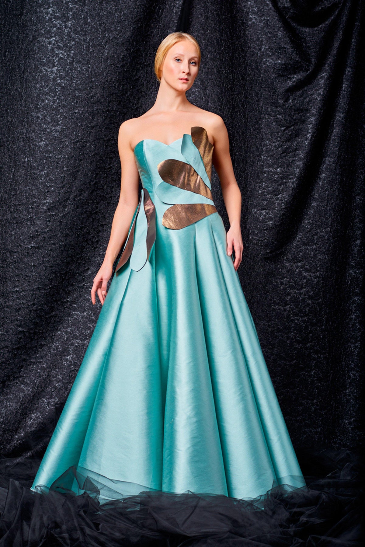 Metallic satin and taffeta 3d flower detailed gown - John Paul Ataker