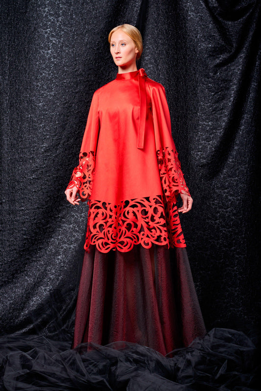 Laser-cut detailed taffeta and organza long dress - John Paul Ataker
