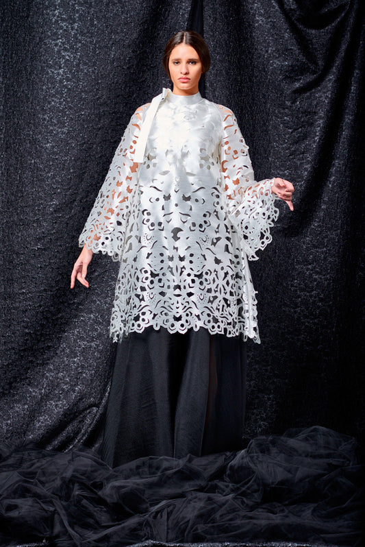Laser-cut detailed taffeta and organza long dress - John Paul Ataker