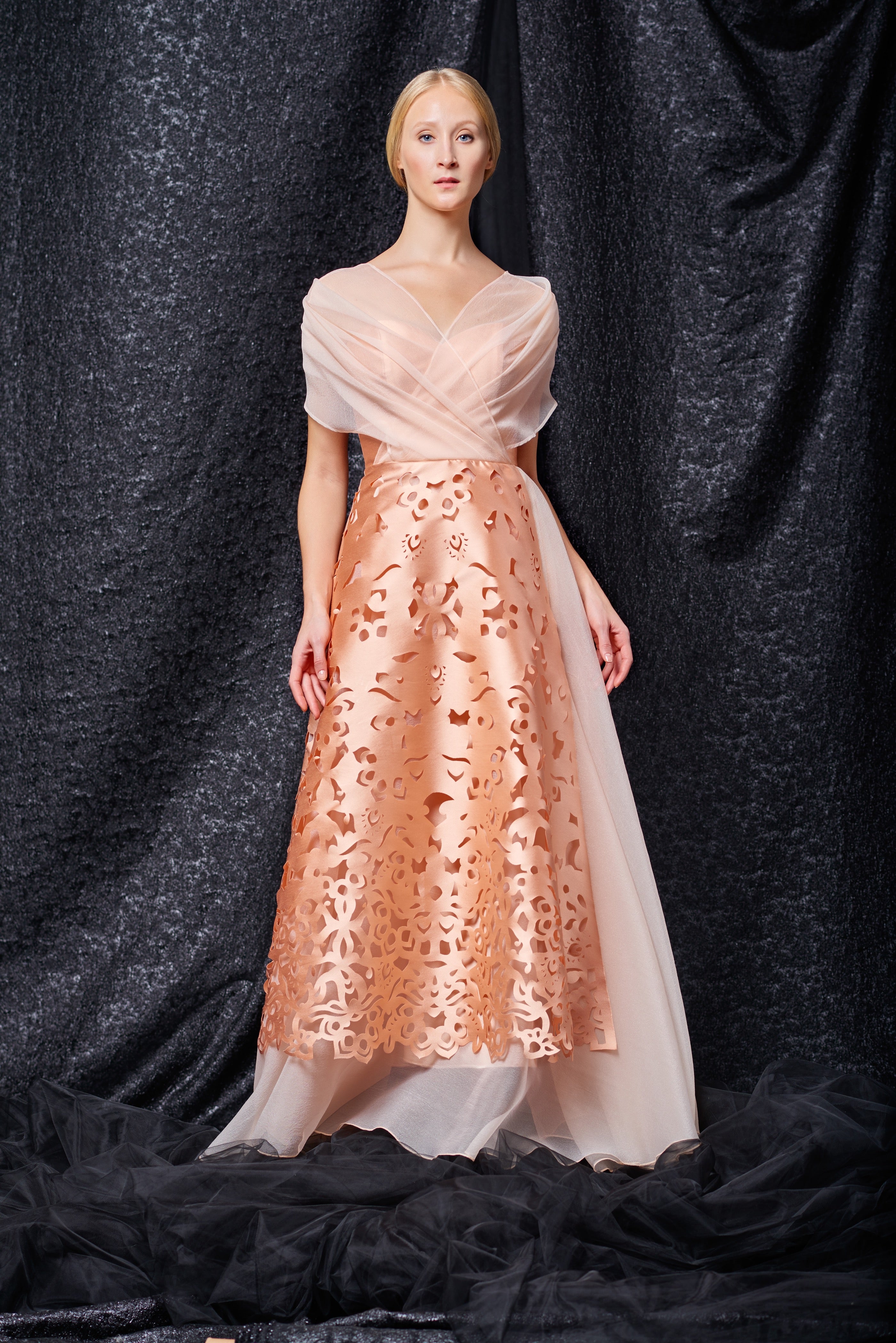 Laser-Cut Detailed Taffeta and Draped Organza Long Dress John Paul Ataker Laser-Cut Detailed Taffeta and Draped Organza Long Dress John Paul Ataker
