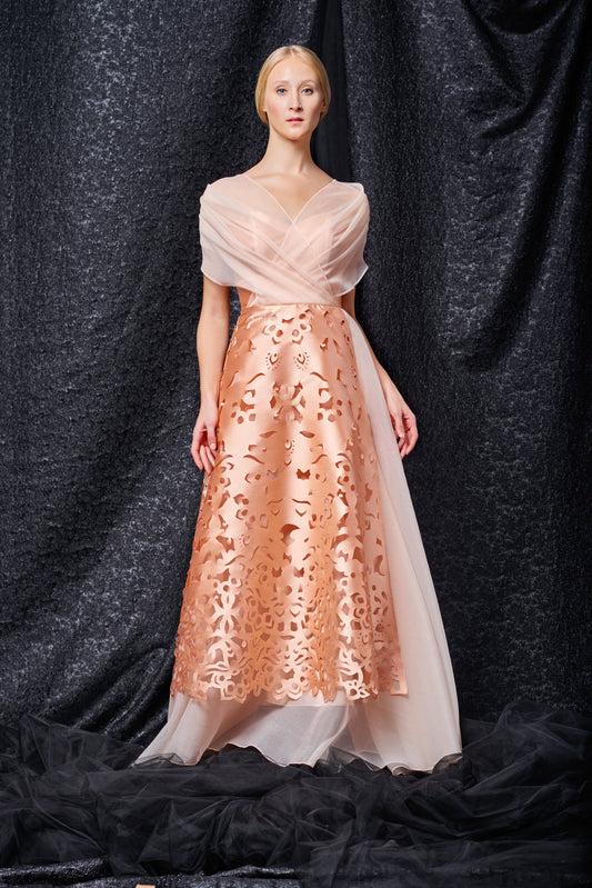Laser-Cut Detailed Taffeta and Draped Organza Long Dress