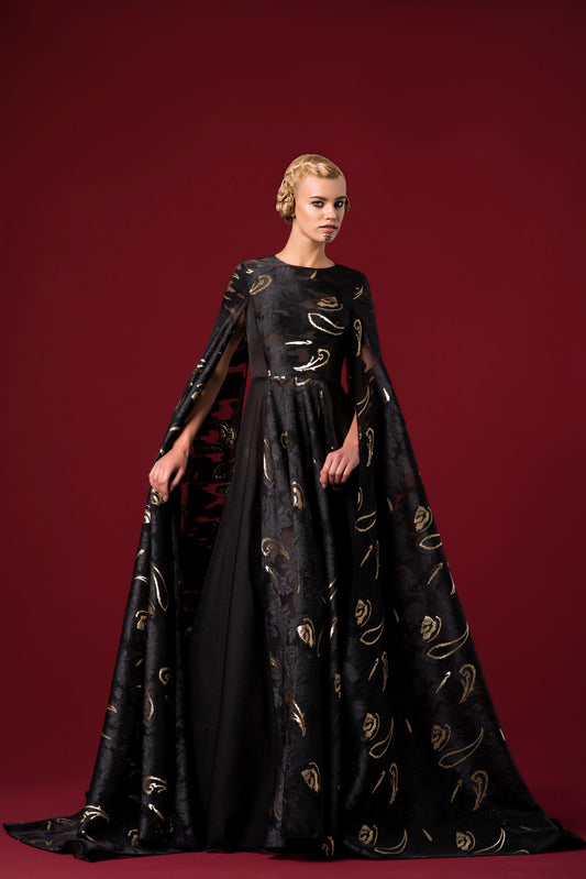 Ethnic Jacquard Cape Sleeves and Organza Side Panelles