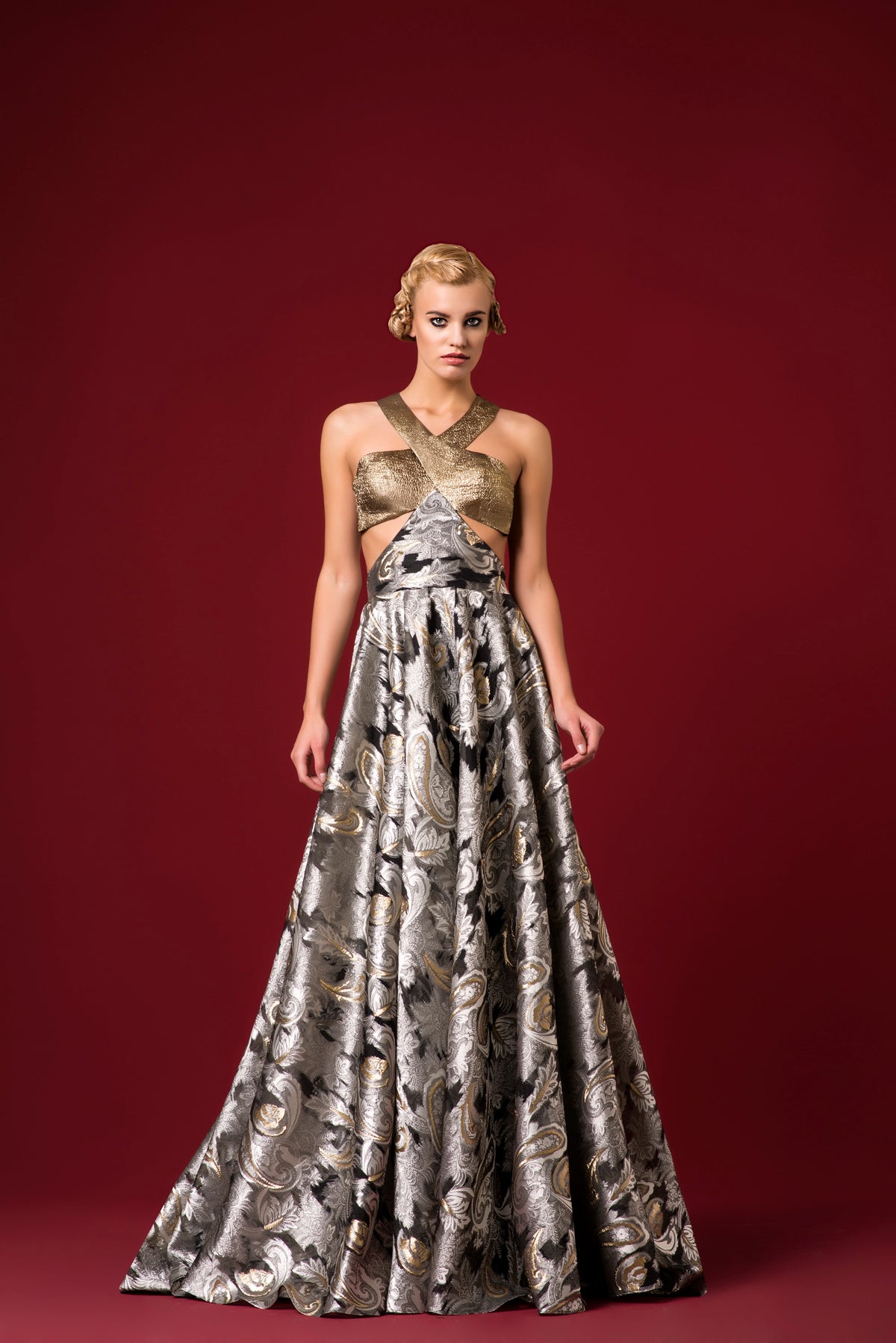 Metallic Jacquard Bodice Ethnic Jacquard Long Dress