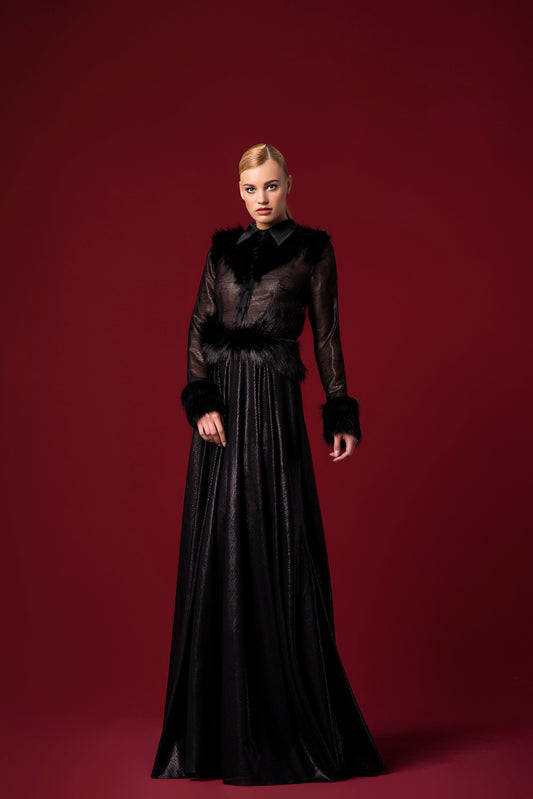 Faux-Fur Detailed Foiled Sheer-Mesh Long Dress