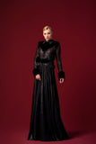 Faux-Fur Detailed Foiled Sheer-Mesh Long Dress