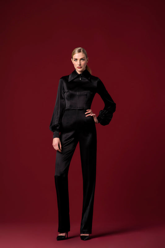 High-Volume Sleeve Stretch Satin Viscose Jumpsuit