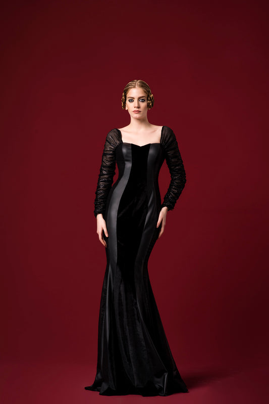 Draped Mesh and Stretch Velvet Long Dress