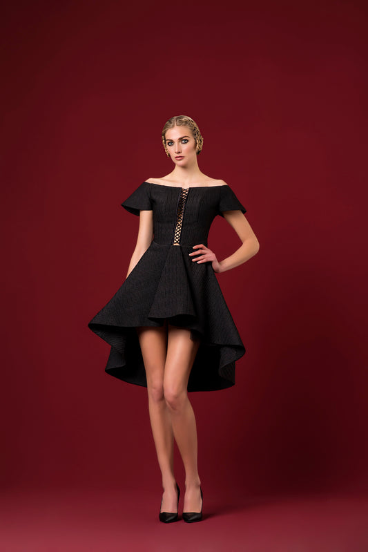 Lace-Up Detailed Pleated Jacquard Short Dress
