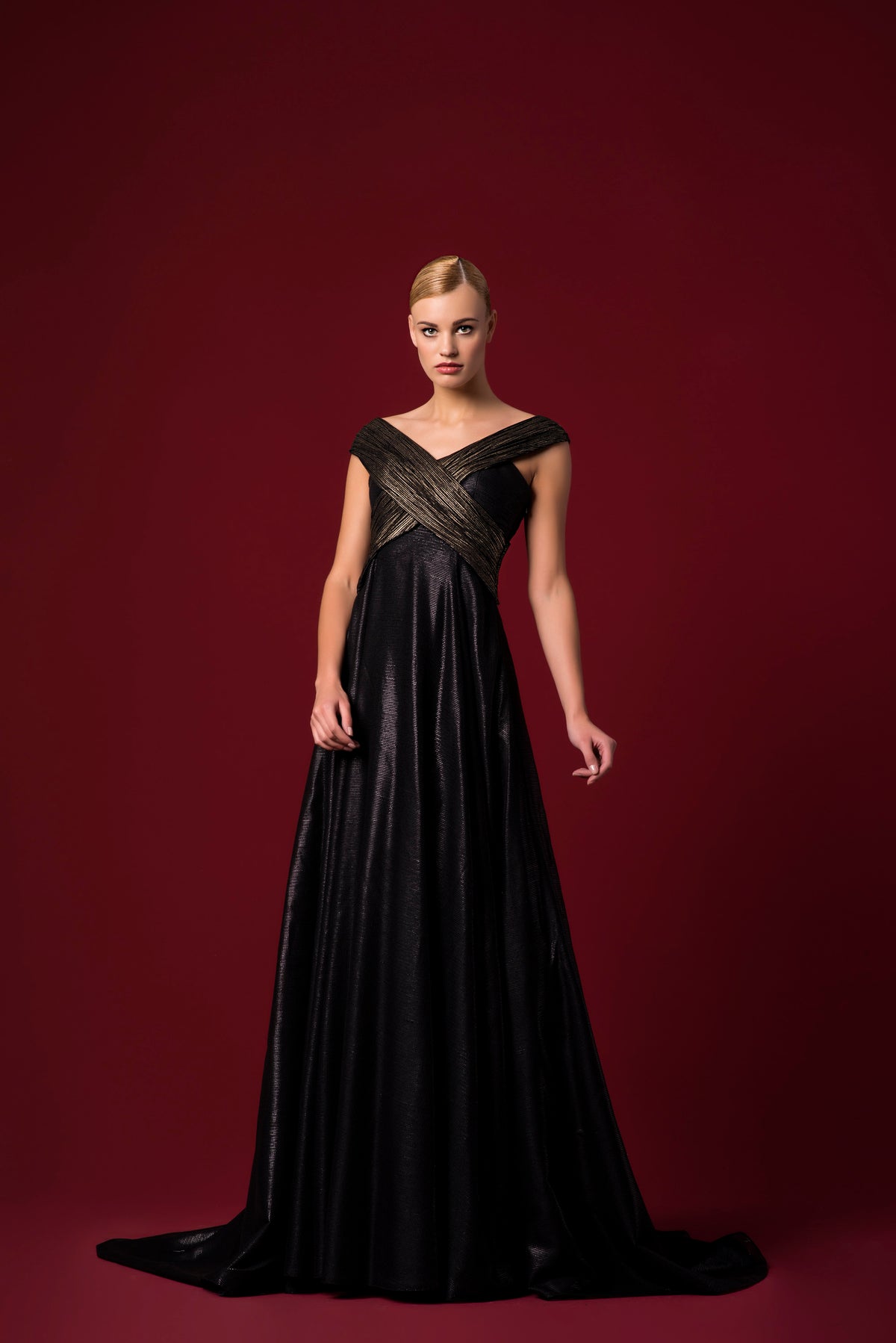 Wrap Pleated Long Foiled Sheer-Mesh Long Dress