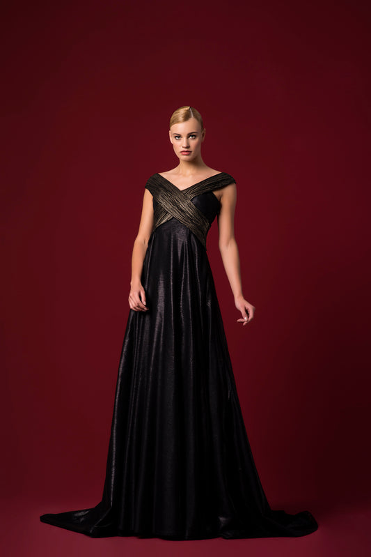 Wrap Pleated Long Foiled Sheer-Mesh Long Dress